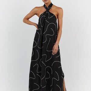 DISSH LUNA BLACK LINEN HALTER MIDI  DRESS